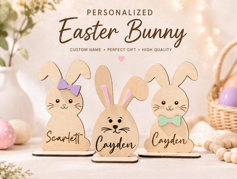 Op de afbeelding: Houten paashaasdecoraties met gepersonaliseerde namen. De konijnen hebben paarse en mintgroene strikjes. De tekst op de afbeelding luidt "PERSONALIZED Easter Bunny".