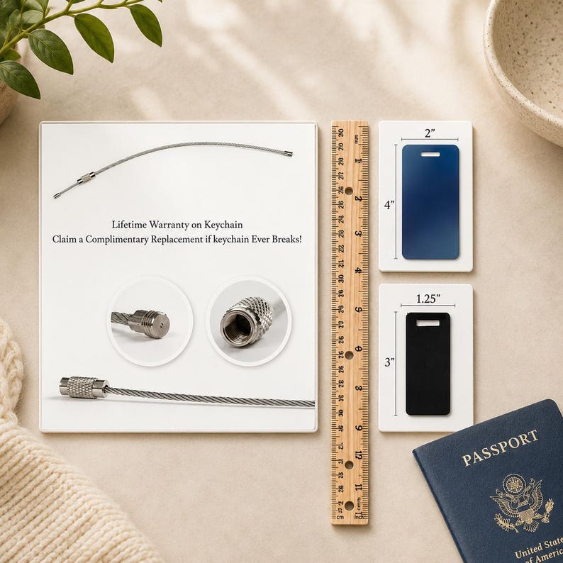 May include: A silver keychain cable with a lifetime warranty, displayed with a ruler and two luggage tags, one blue, 10 cm tall, and one black, 7.6 cm tall. The text reads "Lifetime Warranty on Keychain".