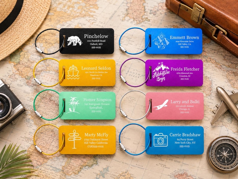 May include: A selection of vibrant luggage tags, each featuring a different design and name, such as a bear, mountains, a ship, palm trees, a signpost, a camera, and an airplane. They all have a metal loop.