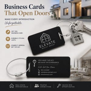 May include: Black business card key tags with the text "Business Cards That Open Doors" and "Elevate Realty Group". The key tags are attached to a key ring with a house-shaped charm and keys. The bottom key tag has contact information.