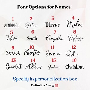 Op de afbeelding: Lettertype-opties voor namen, waaronder Kendrick, Alice, Oliver, Miles, John, Smith, Cayden, Melissa, Scott, Martin, Emma, Sophia, Scarlett, Alexis, Jaden en Christian. Geef op in het personalisatievak. Standaard is lettertype #11.