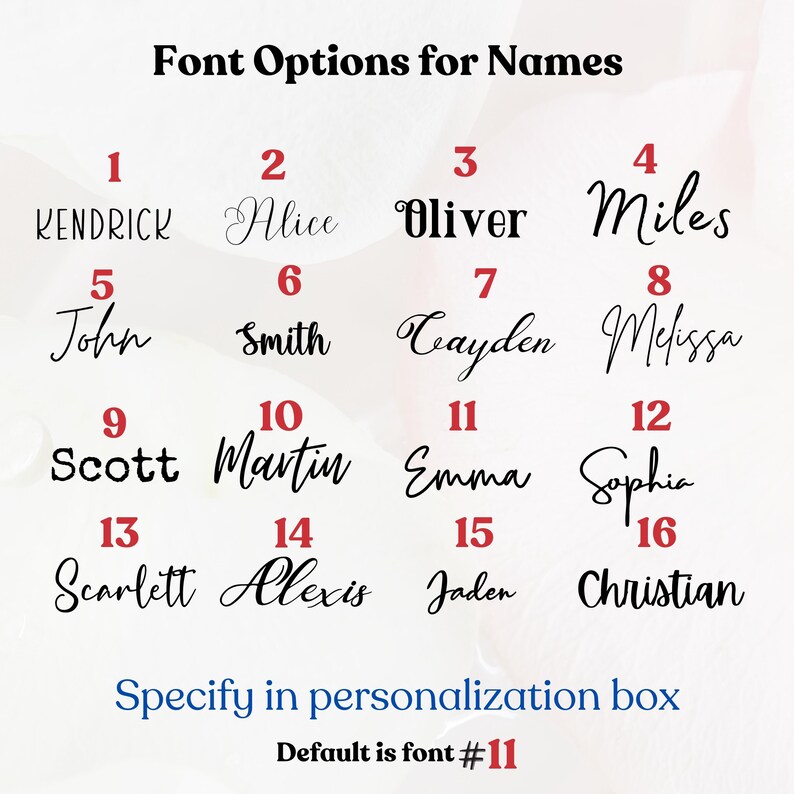 Op de afbeelding: Lettertype-opties voor namen, waaronder Kendrick, Alice, Oliver, Miles, John, Smith, Cayden, Melissa, Scott, Martin, Emma, Sophia, Scarlett, Alexis, Jaden en Christian. Geef op in het personalisatievak. Standaard is lettertype #11.