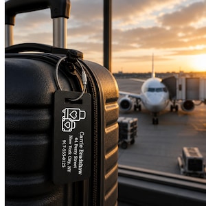 May include: Black suitcase with a black luggage tag. The tag features a white graphic of two suitcases with hearts and the text "Carrie Bradshaw, 64 Perry Street, New York City, NY 917-555-0125". An aeroplane is visible in the background.