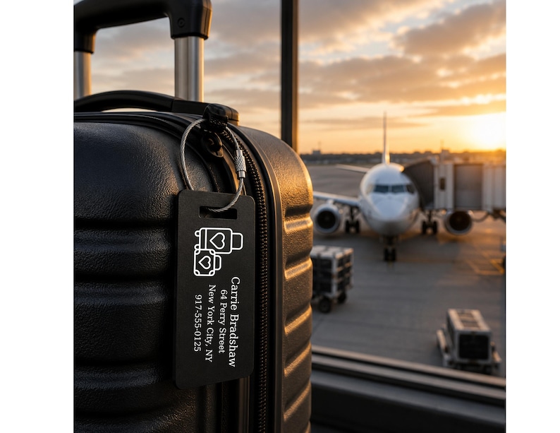 May include: Black suitcase with a black luggage tag. The tag features a white graphic of two suitcases with hearts and the text "Carrie Bradshaw, 64 Perry Street, New York City, NY 917-555-0125". An aeroplane is visible in the background.