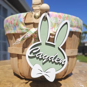 Étiquette de panier de Pâques, étiquette de lapin personnalisée pour décoration de panier de Pâques d'enfants, étiquette de nom de panier pour cadeau de Pâques de petits-enfants, marque-place, cadeau personnalisé