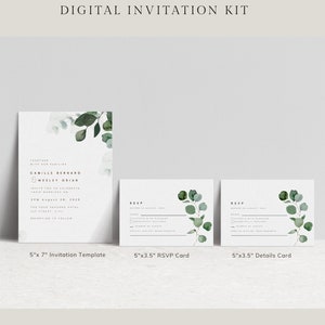 Editable Eucalyptus Wedding Invitation Set | Boho Invitation Templates | Printable | Canva Template | Digital Download