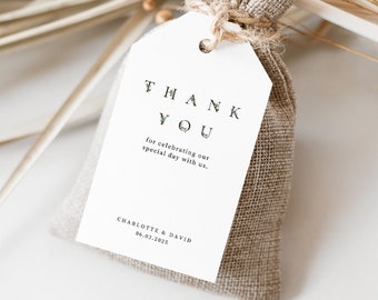Modèle de faveur de mariage, monogramme d'eucalyptus, étiquette de cadeau de remerciement Boho imprimable modifiable