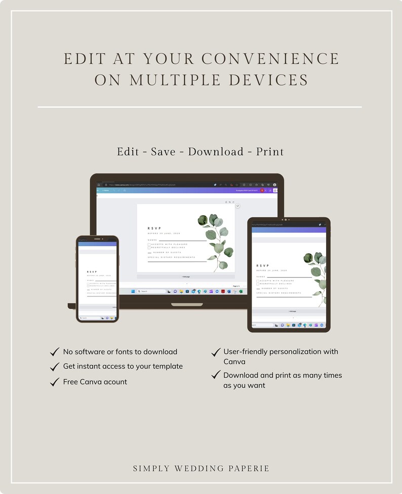 RSVP Kartenvorlage, Boho Eukalyptus Hochzeitseinladung einfügen, druckbare grüne Hochzeitskarte Bild 6
