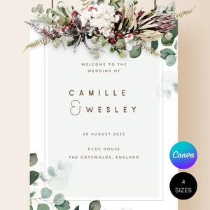 Boho Eukalyptus Willkommensschild Vorlage | Skurrile Hochzeitsbeschilderung | Hochzeit Willkommensschild | Grün-weiße Bordüre | Druckbare Hochzeitsdeko