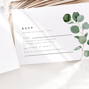 RSVP Kartenvorlage, Boho Eukalyptus Hochzeitseinladung einfügen, druckbare grüne Hochzeitskarte Bild 2