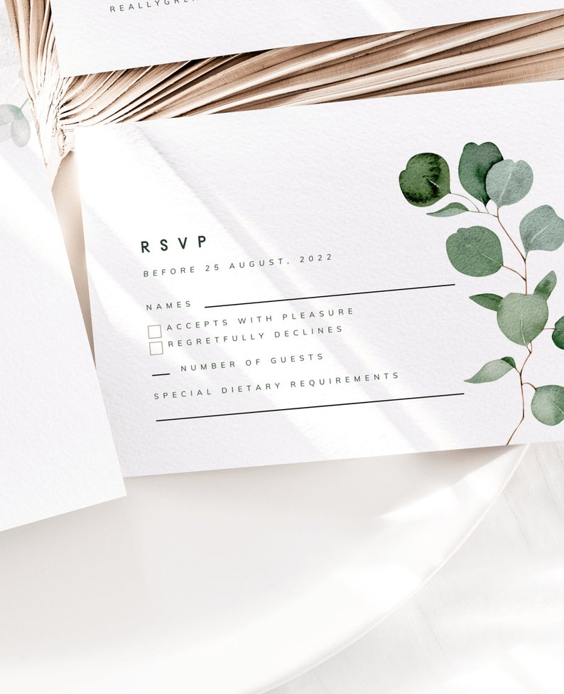 Modèle de carte RSVP, Boho Eucalyptus Wedding Invitation Insert, Printable Greenery Wedding Card image 2