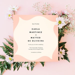 Set the tone for your special day with our Pink and Beige Modern Save the Date Card Template. Instantly downloadable and printable for a stylish wedding announcement.