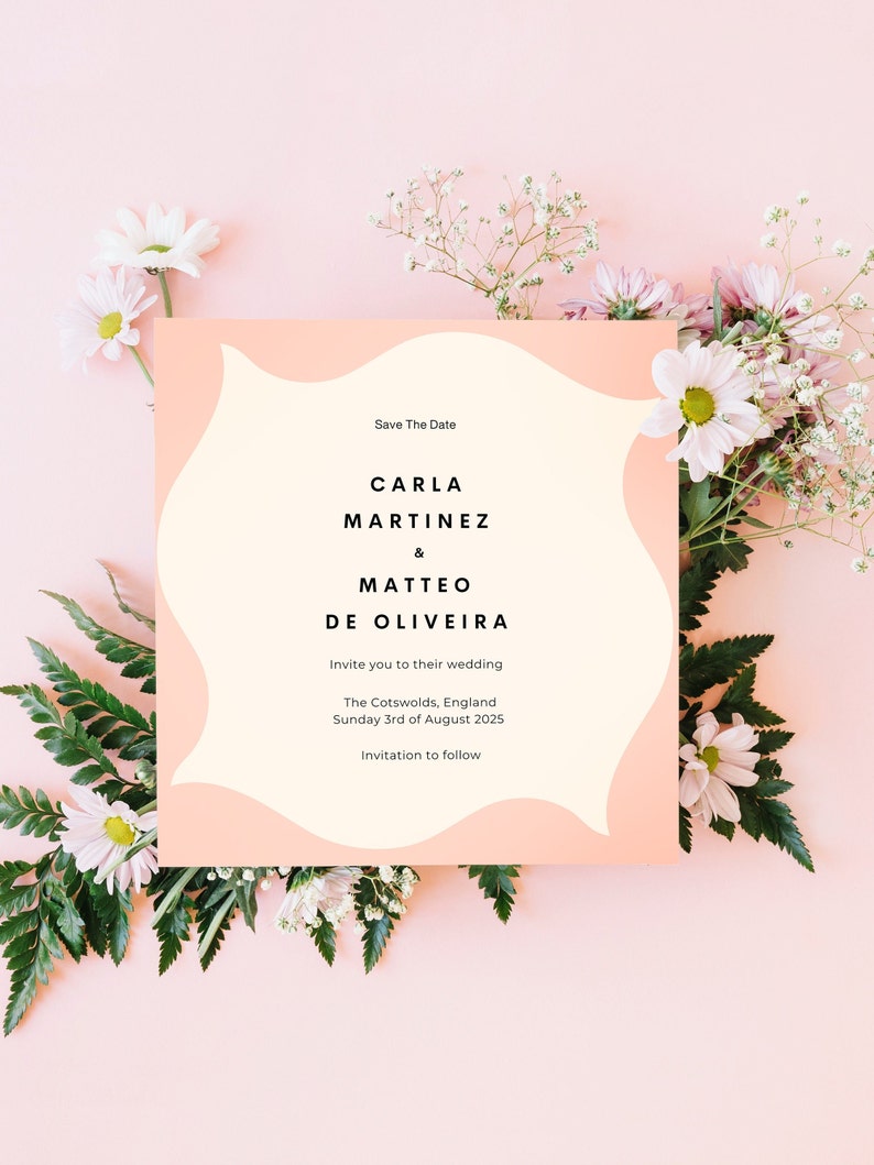Set the tone for your special day with our Pink and Beige Modern Save the Date Card Template. Instantly downloadable and printable for a stylish wedding announcement.