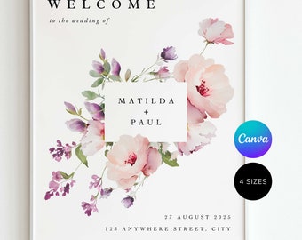 Floral Wedding Welcome Sign Template | Pink and Purple | Botanical Wedding Decor | Wedding Signage