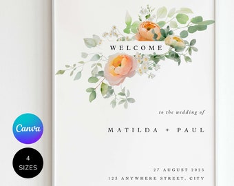 Orange Blumen Hochzeit Willkommensschild Vorlage | Botanische Hochzeitsdeko | Hochzeitsbeschilderung