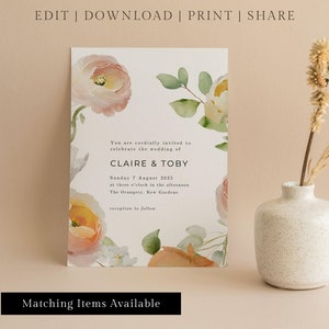 Coral Peach Pink Floral Wedding Invitation Template, Colorful Spring Summer Floral Wedding Invites, Digital Download image 3