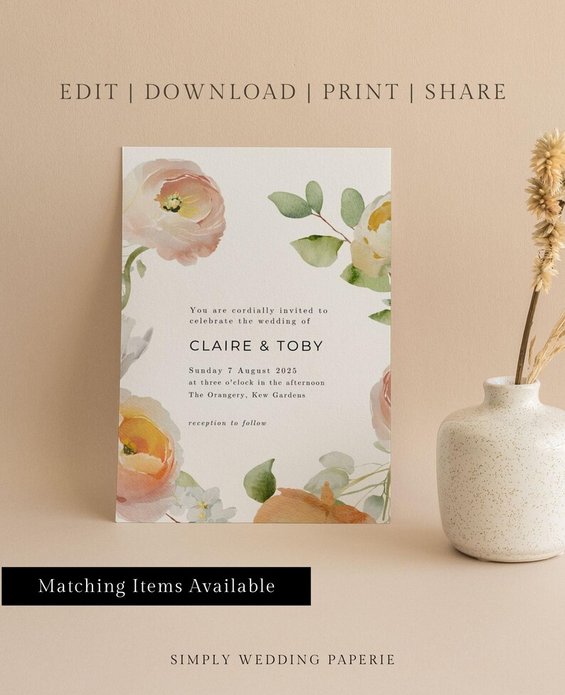 Coral Peach Pink Floral Wedding Invitation Template, Colorful Spring Summer Floral Wedding Invites, Digital Download image 3