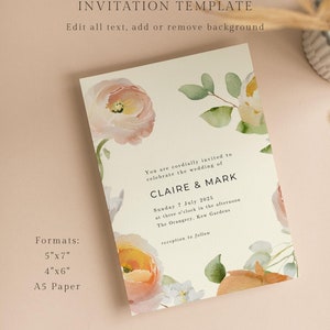 Coral Peach Pink Floral Wedding Invitation Template, Colorful Spring Summer Floral Wedding Invites, Digital Download image 2