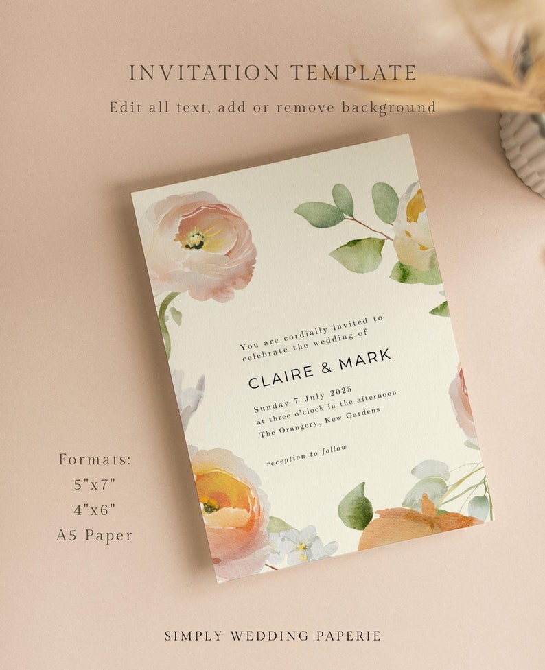 Coral Peach Pink Floral Wedding Invitation Template, Colorful Spring Summer Floral Wedding Invites, Digital Download image 2