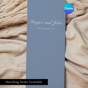 Modèle de menu de mariage élégant, menu de mariage à bordure bleue poussiéreuse modifiable, modèle de mariage classique
