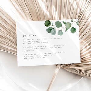 Eucalyptus Wedding Details Card Template. Wedding Invitation Insert, Wedding Response Card