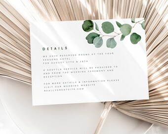 Eucalyptus Wedding Details Card Template. Wedding Invitation Insert, Wedding Response Card