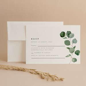RSVP Kartenvorlage, Boho Eukalyptus Hochzeitseinladung einfügen, druckbare grüne Hochzeitskarte Bild 3