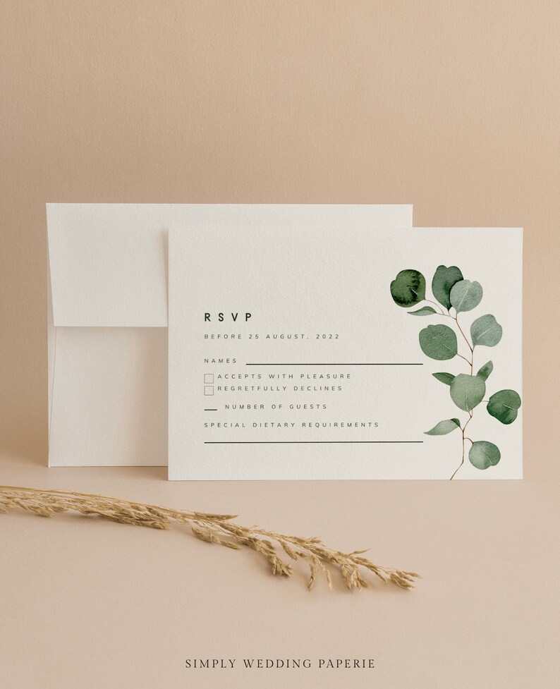 RSVP Card Template, Boho Eucalyptus Wedding Invitation Insert, Printable Greenery Wedding Card image 3