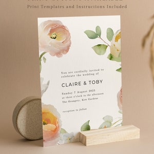 Coral Peach Pink Floral Wedding Invitation Template, Colorful Spring Summer Floral Wedding Invites, Digital Download image 4