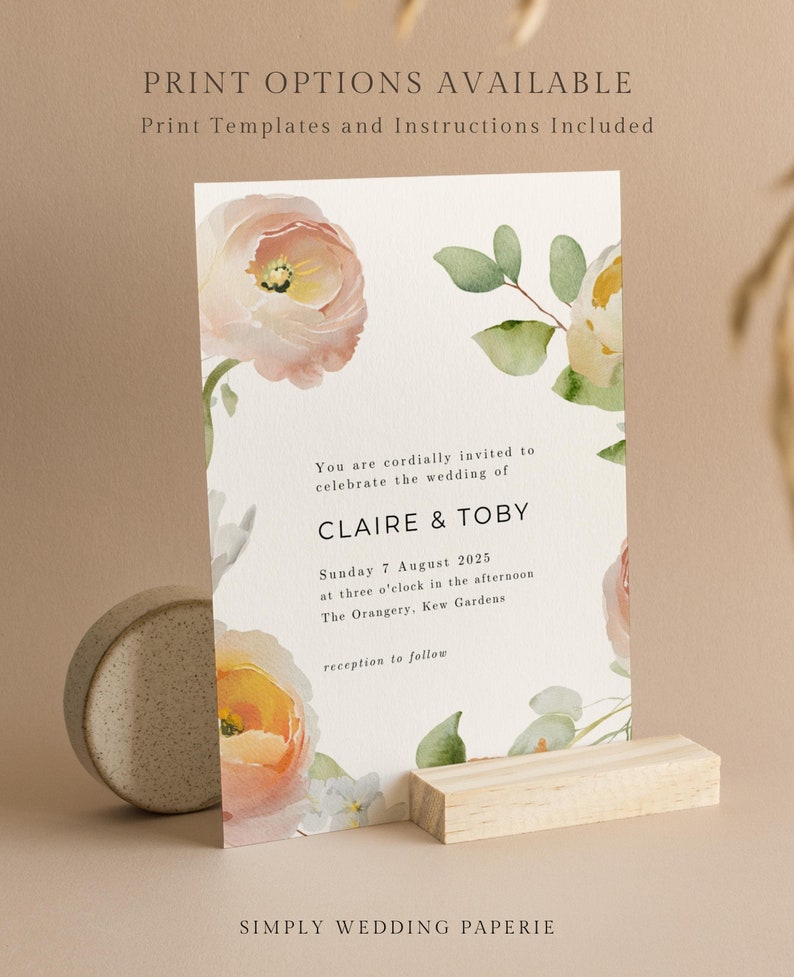 Coral Peach Pink Floral Wedding Invitation Template, Colorful Spring Summer Floral Wedding Invites, Digital Download image 4