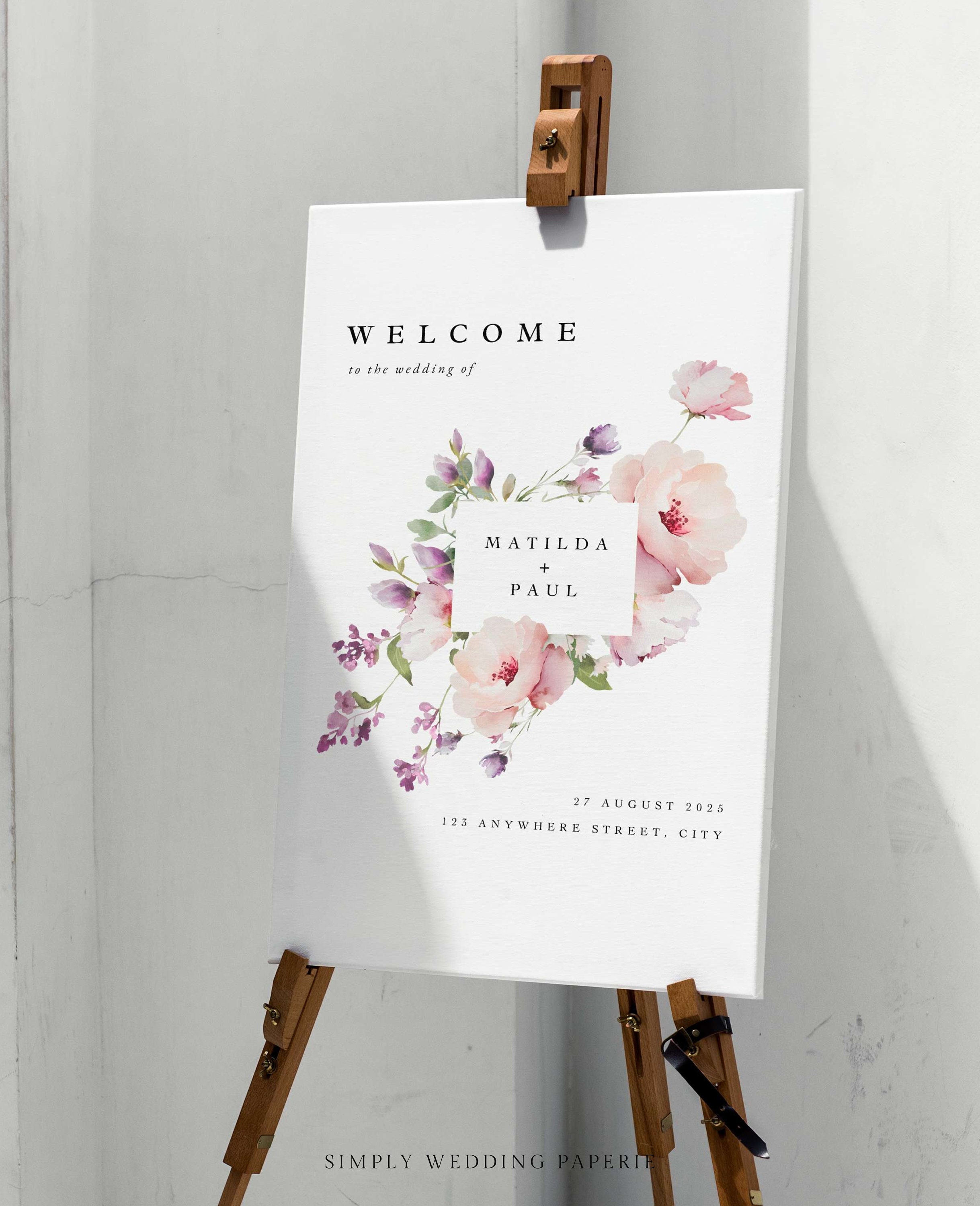 Floral Wedding Welcome Sign Template | Pink and Purple | Botanical ...