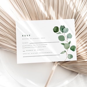 Modèle de carte RSVP, Boho Eucalyptus Wedding Invitation Insert, Printable Greenery Wedding Card image 1