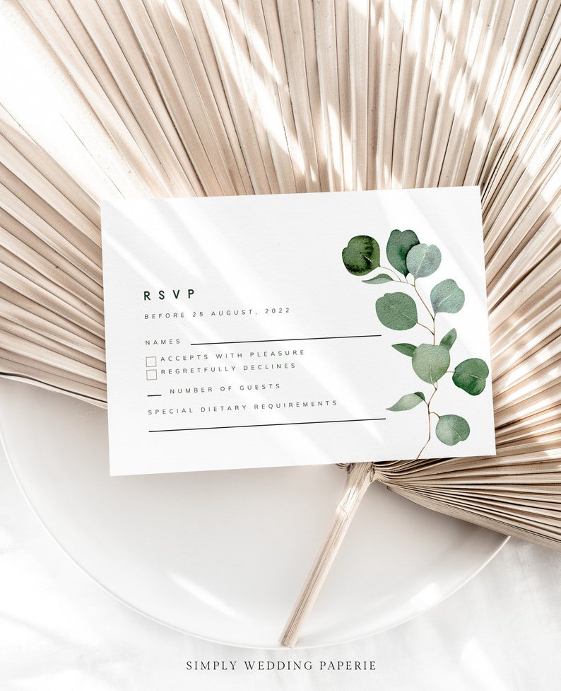 Modèle de carte RSVP, Boho Eucalyptus Wedding Invitation Insert, Printable Greenery Wedding Card image 1