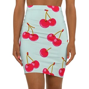 Cherry Print Women&#39;s Mid-Waist Pencil Skirt, Cute Summer Outfits, Retro Fashion, Party Wear, Gift for Her