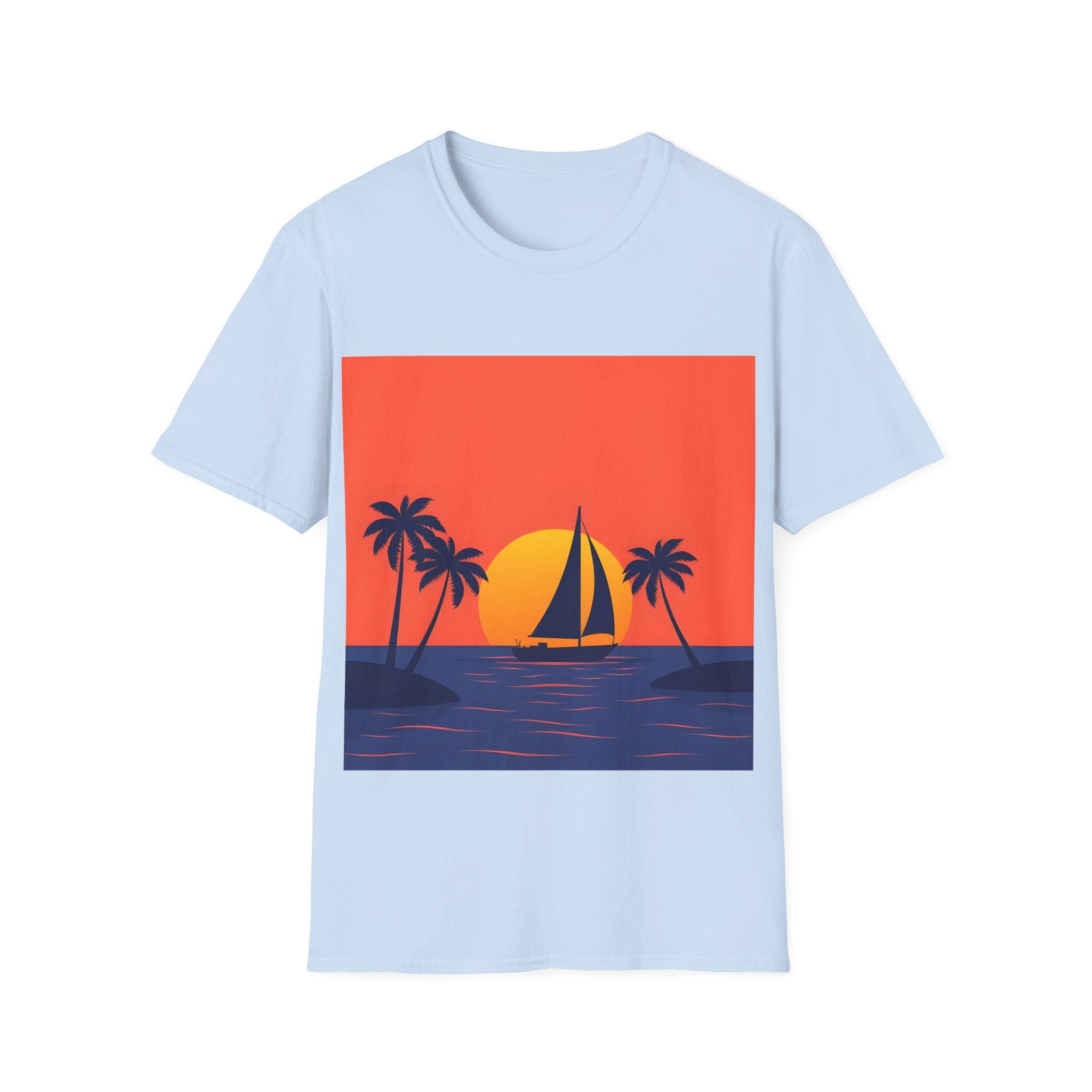 Sailboat Sunset Graphic Tee: Beach Vacation Vibe, Unisex Softstyle