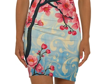 Floral Print Pencil Skirt: Elegant Polyester Spandex Midi Skirt