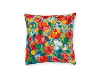 Cojín cuadrado de gamuza sintética con diseño floral: diseño de flores rojas vibrantes