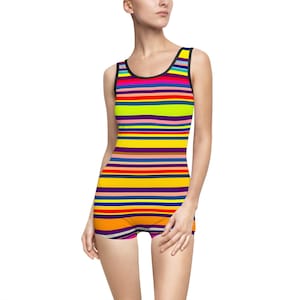 Colorful Retro Striped Women&#39;s Vintage Swimsuit, Pool Party Attire, Summer Beachwear, Vibrant Holiday Swimwear, 80s Style Bathing Suit