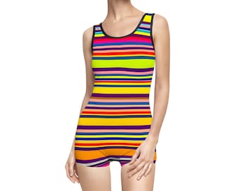 Retro Striped 80s Swimsuit: High-Waisted Pool Party Bathing Suit
