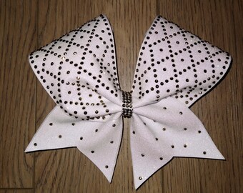 White and Gold Diamond Pattern Glitter and Rhinestone Competition Cheer Bow