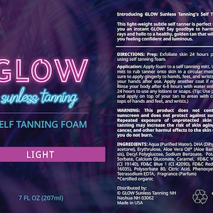 May include: GLOW Sunless Tanning Self Tanning Foam in Light, a 7 fl oz (207 ml) bottle. This product is a light-weight, subtle self tanner that gives an instant glow. It is free of harmful UV rays and contains aloe vera oil. The bottle is pink and white with a neon pink and blue GLOW logo.