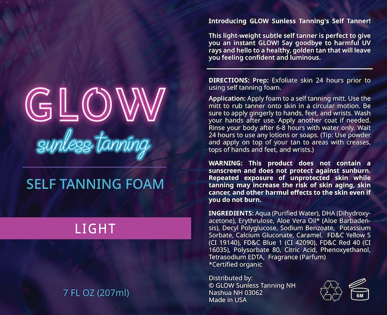 May include: GLOW Sunless Tanning Self Tanning Foam in Light, a 7 fl oz (207 ml) bottle. This product is a light-weight, subtle self tanner that gives an instant glow. It is free of harmful UV rays and contains aloe vera oil. The bottle is pink and white with a neon pink and blue GLOW logo.