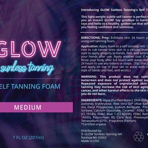 May include: GLOW Sunless Tanning Self Tanning Foam in a medium shade. The bottle is 7 fluid ounces (207 ml) and features a pink and purple design with the brand name and product description. The product is made in the USA.