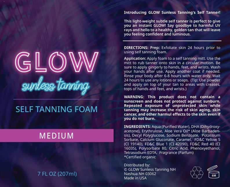 May include: GLOW Sunless Tanning Self Tanning Foam in a medium shade. The bottle is 7 fluid ounces (207 ml) and features a pink and purple design with the brand name and product description. The product is made in the USA.