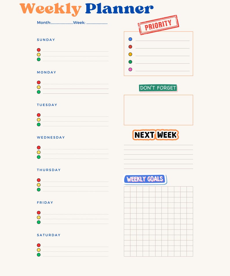 Task For Next Week Printable Traffic Light Weekly Planner: A4/a5/letter (digital Download ...