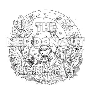 Cute Astronaut in Alien Flora 5 - instant download colouring page