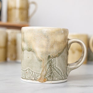 Small Light Green Ceramic Mugs, leaf pattern