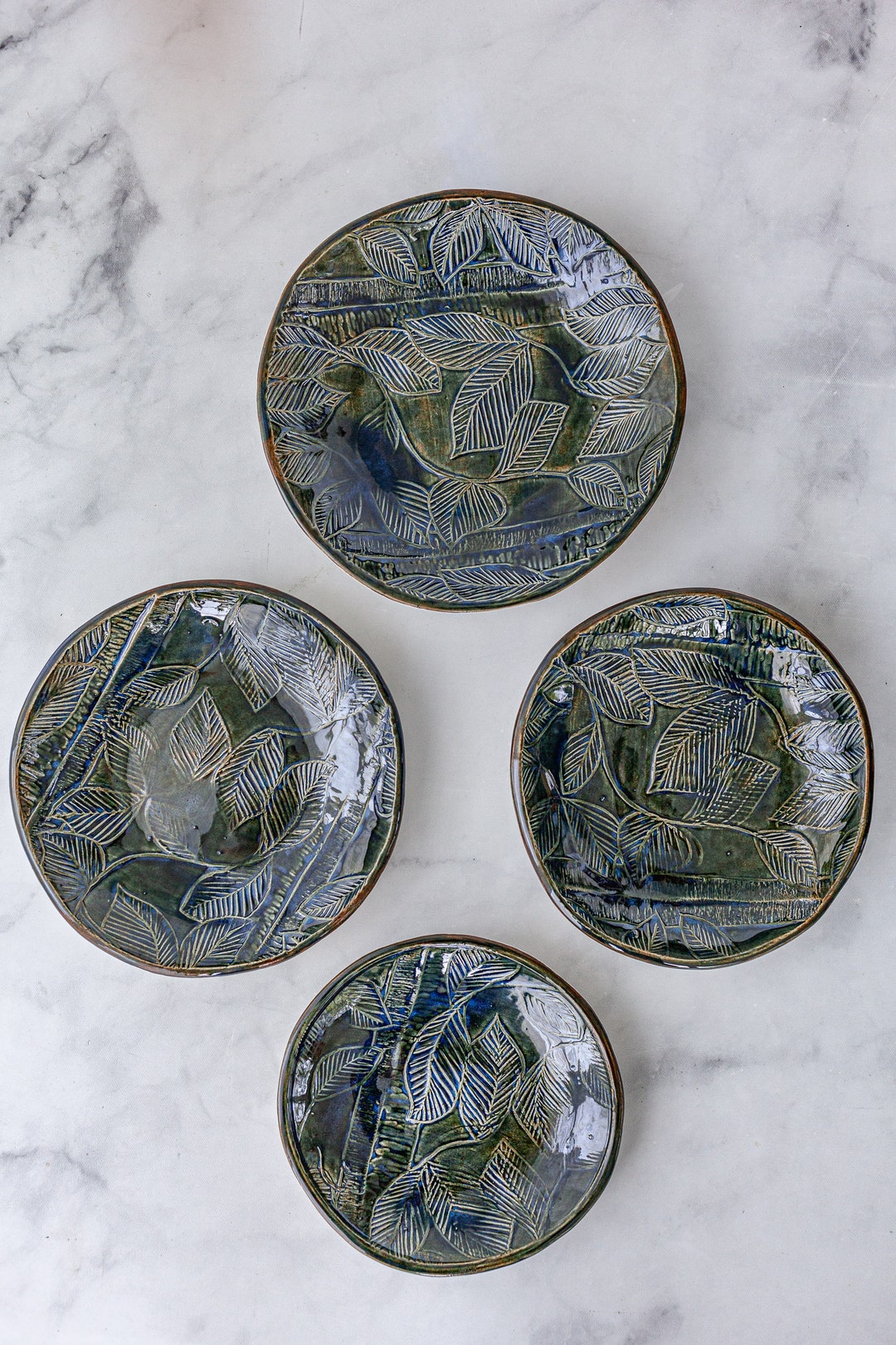 Dark Green Blue Dinner Plate Set Patterned Porcelain Etsy