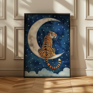 Impresión de arte digital de tigre en la luna, arte de pared de cielo nocturno caprichoso, ilustración de animales de la jungla, decoración de guardería de ensueño, póster de estrellas