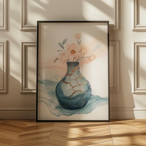 Impresión de arte digital con jarrón motivacional, decoración de pared inspiradora sobre salud mental, regalo de afirmación diaria, atención plena, jarrón Kintsugi floral